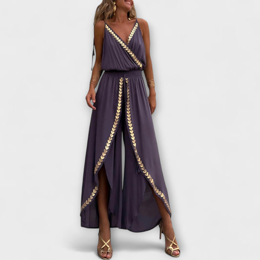 Angela - Donatila V-Neck Jumpsuit with Embroidery and Open Legs