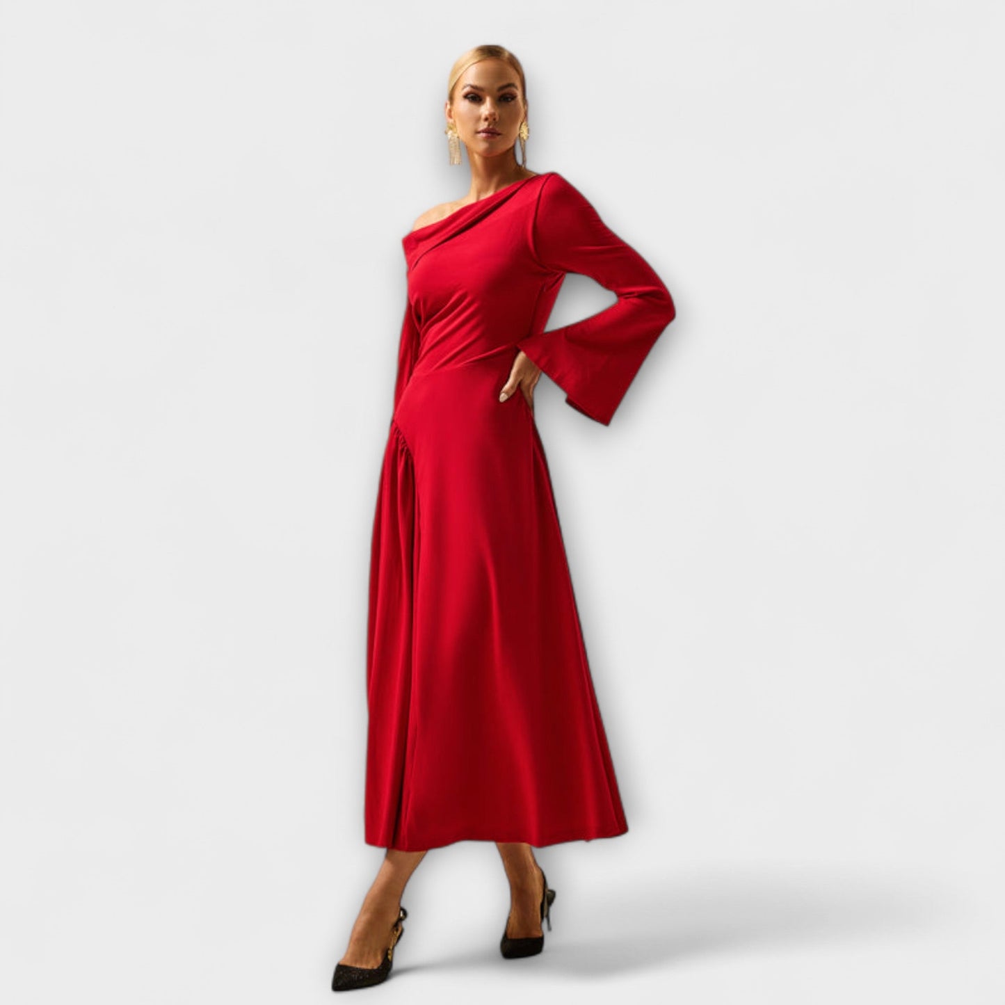 Willa - Off-Shoulder Midi Dress with Ruffled Balloon Sleeves