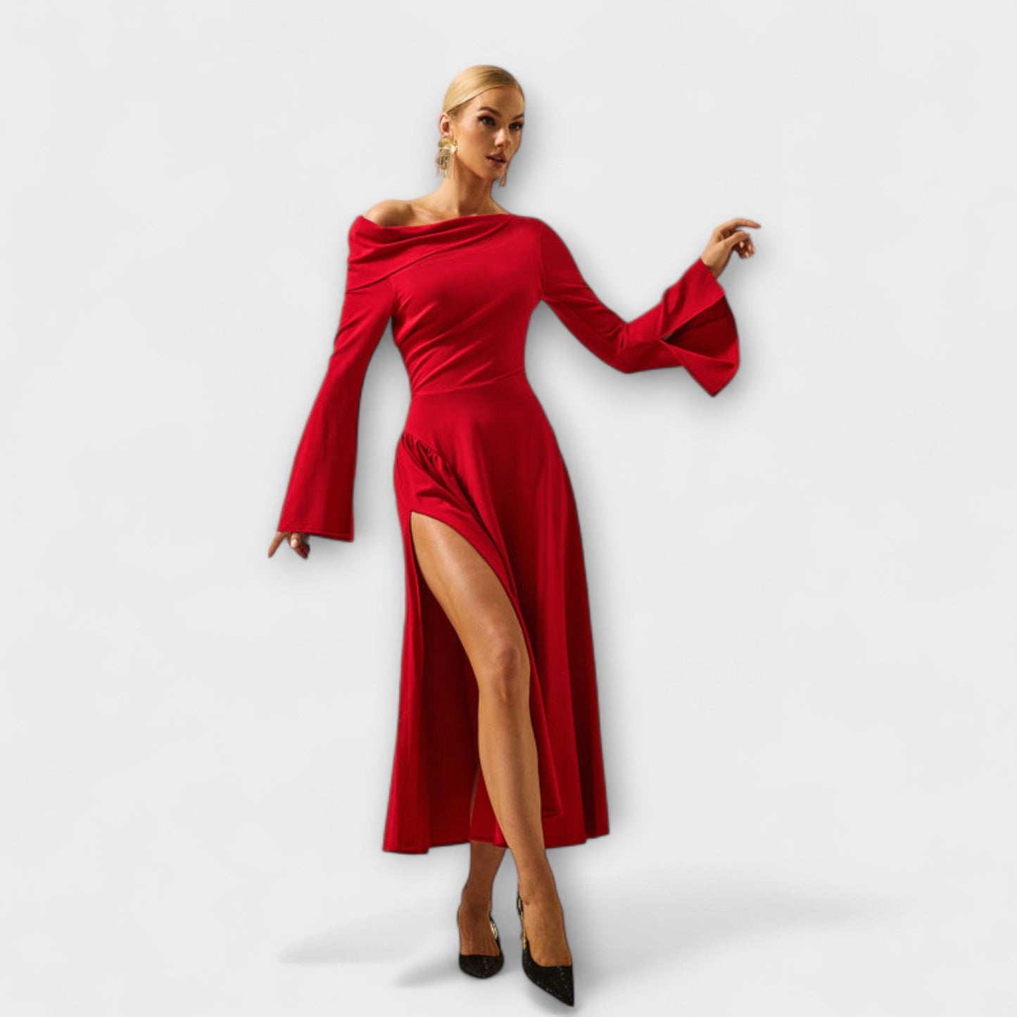 Willa - Off-Shoulder Midi Dress with Ruffled Balloon Sleeves